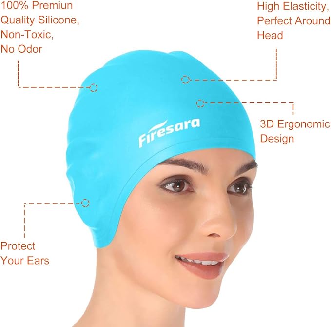 Firesara Swim Cap, Original Updated Swimming Cap 3D Ergonomic Design Comfortable Durable Ear Protection for Women Kids Men Adults Boys Girls for Long or Short Hair with Nose Clip and Ear Plugs