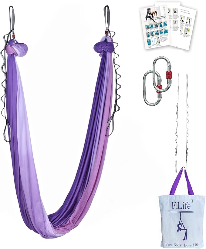 F.Life Aerial Yoga Hammock kit- Yoga Swing Multicolor 5 yards-Flying Yoga Include Daisy Chain,Carabiner and Pose Guide