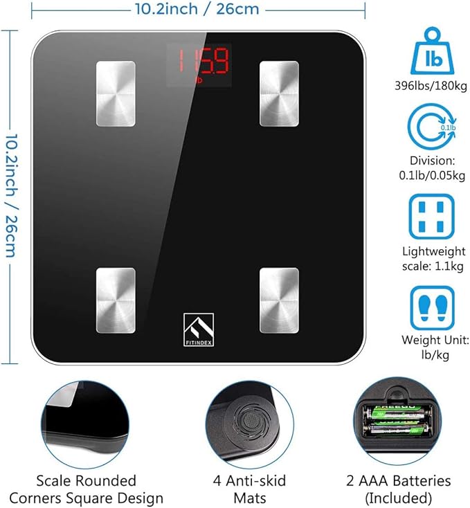 FITINDEX Scale with BMI, Body Fat, Muscle Mass, Smart Scale for Body Weight, Bluetooth, Digital, Sync with App, User Health Equipment