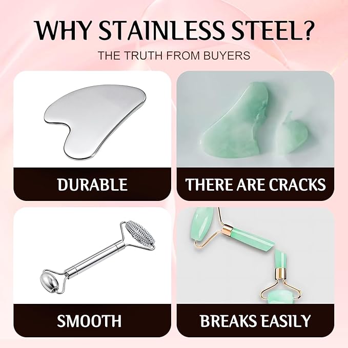 Gua Sha Facial Tools and Face Roller Set, Lymphatic Drainage Massager，Stainless Steel Facial Sculpting Eyes Roller Guasha for Face, Chin & Jawline Sculpting,Skin Care