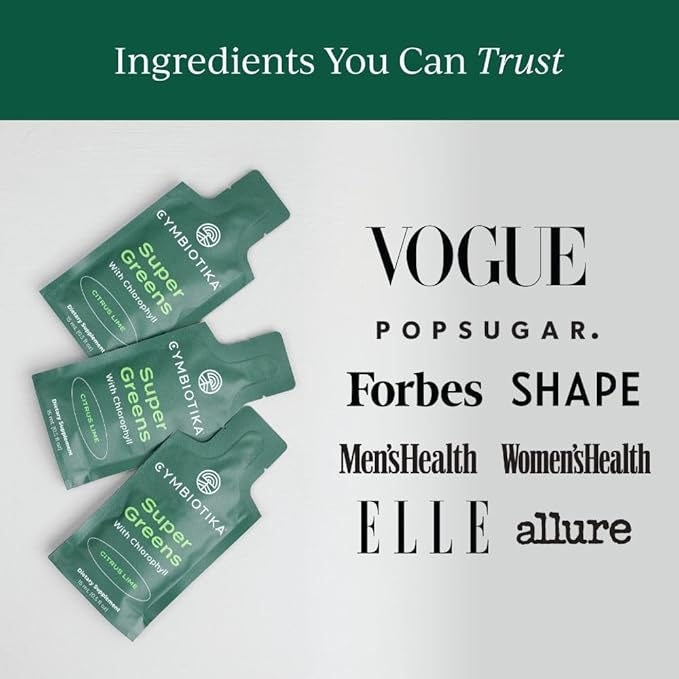 CYMBIOTIKA Super Greens Supplement with Chlorophyll, Spirulina, Daily Vegan Superfood Packets for Digestive Gut Health, Detox, Energy and Immune Support, Citrus Lime Flavor, 15 mL Pouches, 30 Pack