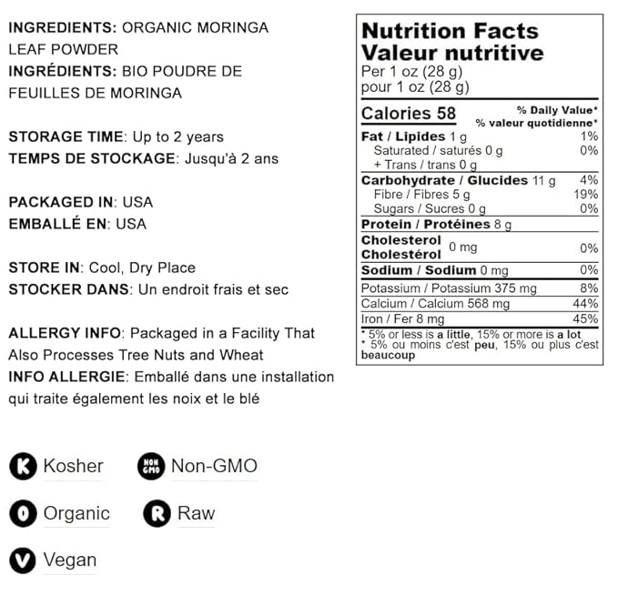Food to Live Organic Moringa Powder, 1 Pound — Rich in, Non-GMO, Ground Moringa Oleifera Leaf, Raw, Sun-Dried, Vegan, Bulk, Great for Drinks, Teas and Smoothies