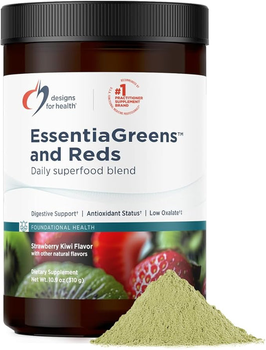 Designs for Health EssentiaGreens and Reds (Strawberry Kiwi, 30 Servings), Vegan Superfood Powder with Spirulina, Kale, Apple & More, for Daily Nutrition and Digestive Health