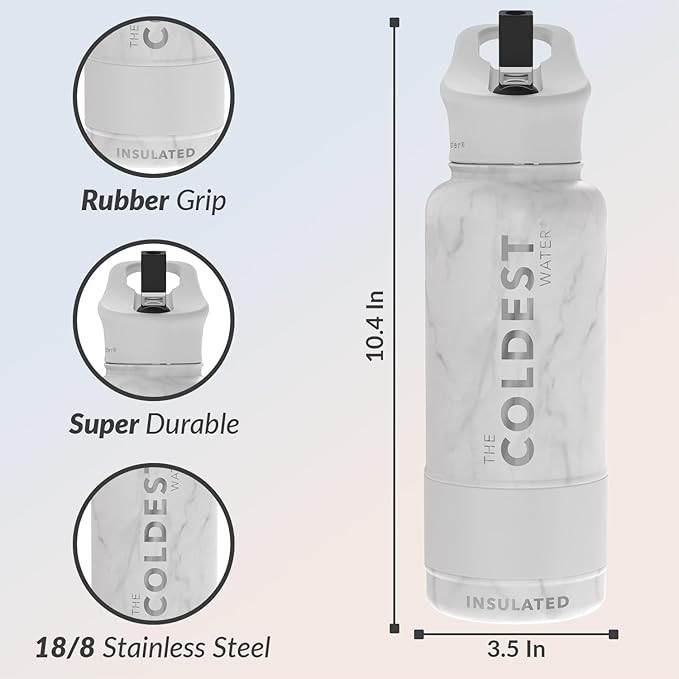 Coldest Insulated Water Bottle with Straw Lid - Stainless Steel Metal Insulated Bottle for Men & Women (Marble White, 32 oz)