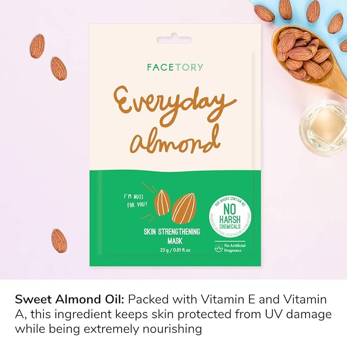 FACETORY K Beauty Face Mask Skin Care - Everyday ALMOND Skin Strengthening Sheet Mask | Plant-Based with Sweet Almond Oil (10 Pack)