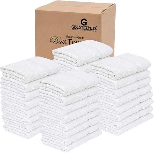 GOLD TEXTILES 60 White Economy Bath Towels Bulk (24x48 Inch) Cotton Blend for Softness-Commercial Grade Easy Care