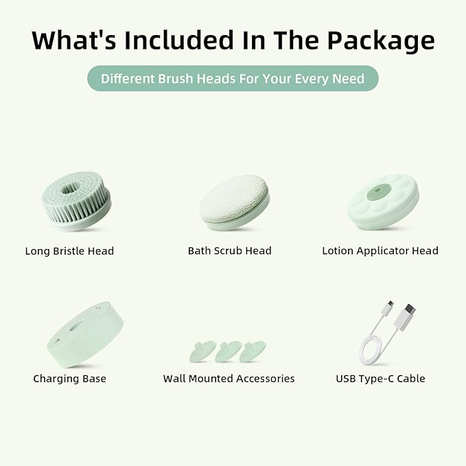 Electric Body Brush Back Scrubber for Shower, Waterproof Long Dual Handle Power Body Scrubber with 3 Heads, Rechargeable Bath Brush & 2 Speeds, for Cleansing, Exfoliating and Massaging Skin