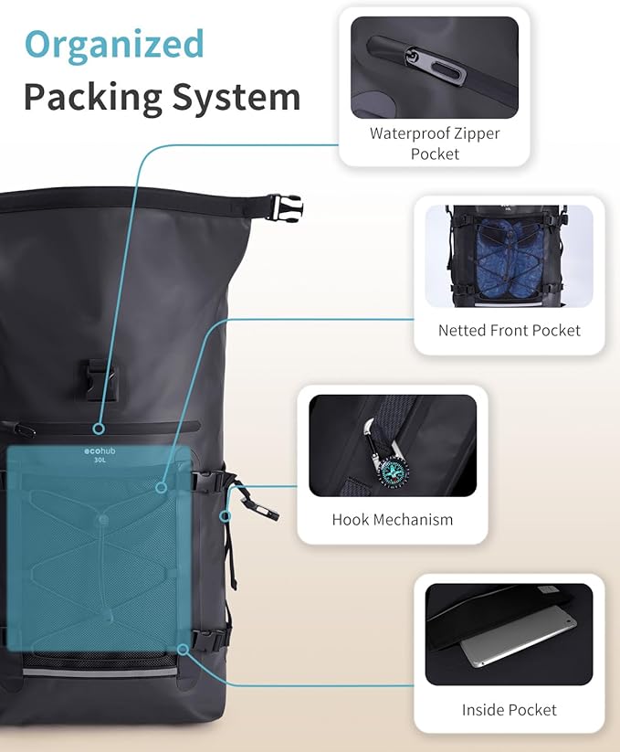 ECOHUB Waterproof Backpack for Women Men, 30L Roll-Top Closure Heavy Duty Dry Bag for Travel with IPX8 Waterproof Phone Case