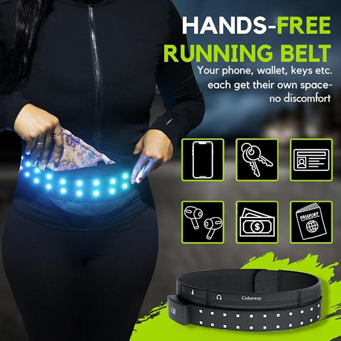 Colorway Led Running Belt – Day & Night Adjustable Waist Pack, Removable Light Strip, 3 Pouches for All Essentials, Reflective Running Gear for Men & Women (Rechargeable, Machine Washable)