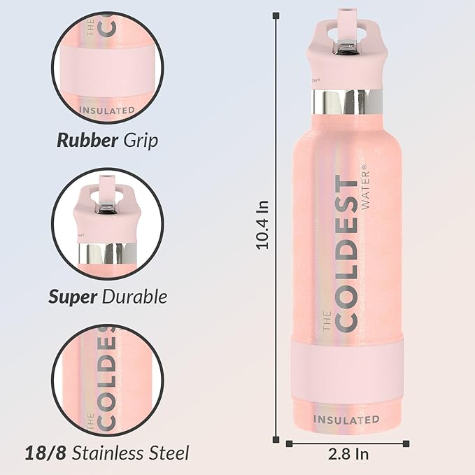 Coldest Insulated Water Bottle with Straw Lid - Stainless Steel Metal Insulated Bottle for Men & Women (Forever Pink Glitter, 21 oz)