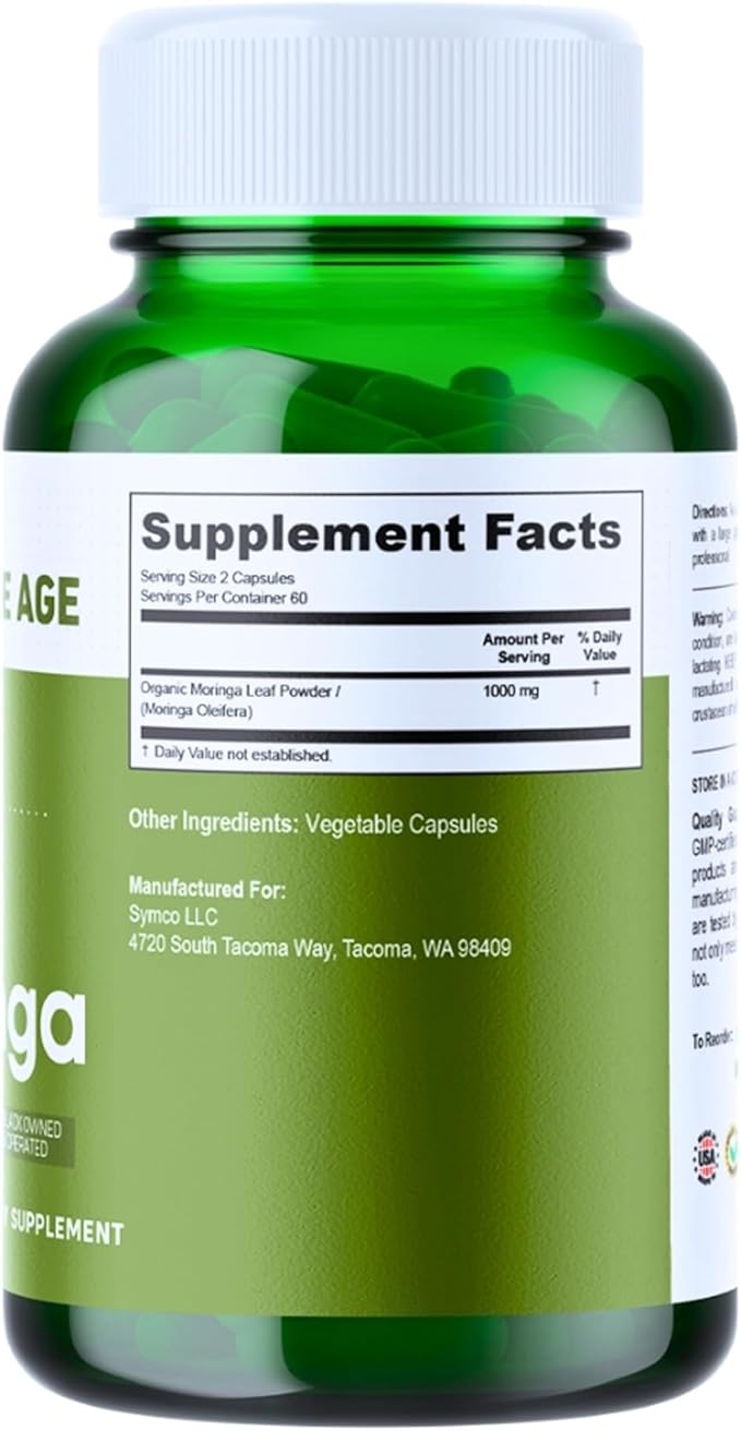 INFINITE AGE 1000mg Organic Moringa Leaf Powder Capsules, 60 Count - Made in The USA, Vegan, Gluten Free, All-Natural - Antioxidants, Liver and Kidney Support Supplement