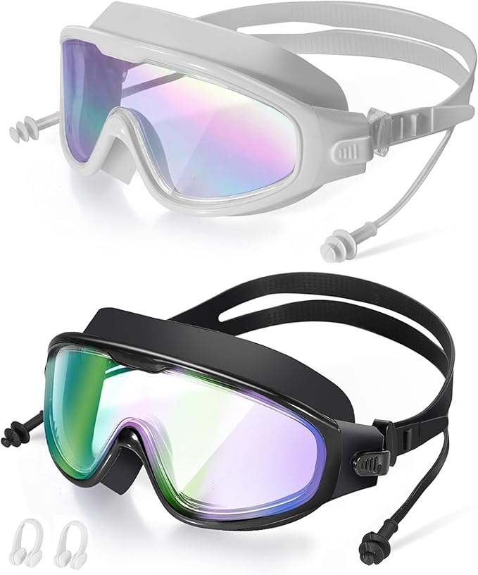 Adult Swimming Goggles,Leak-Proof,Anti-Fog Pool Glasses,Wide View Swim Goggles with Ear Plugs and Nose Clip