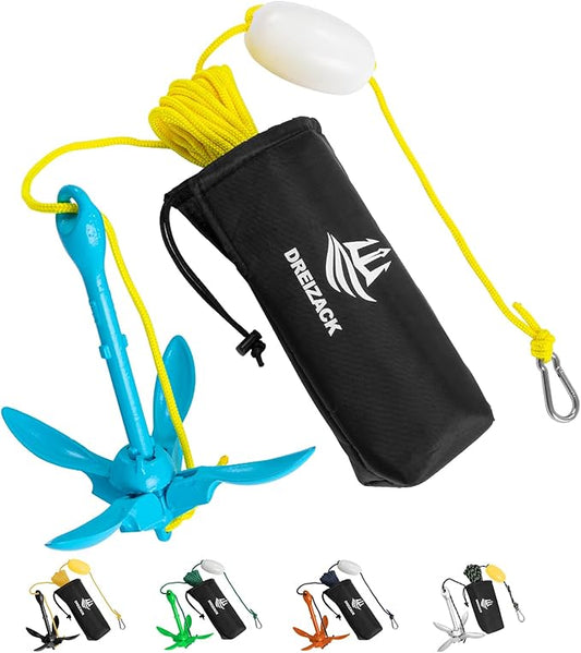 Dreizack Kayak Anchor Kit, 3.5 lb Folding Grapnel Boat Anchor Trolley Accessories with 40ft Rope and PVC Buoy for Fishing Kayaks SUP Paddle Boards Canoes Jet Ski PWC Inflatable Small Boats