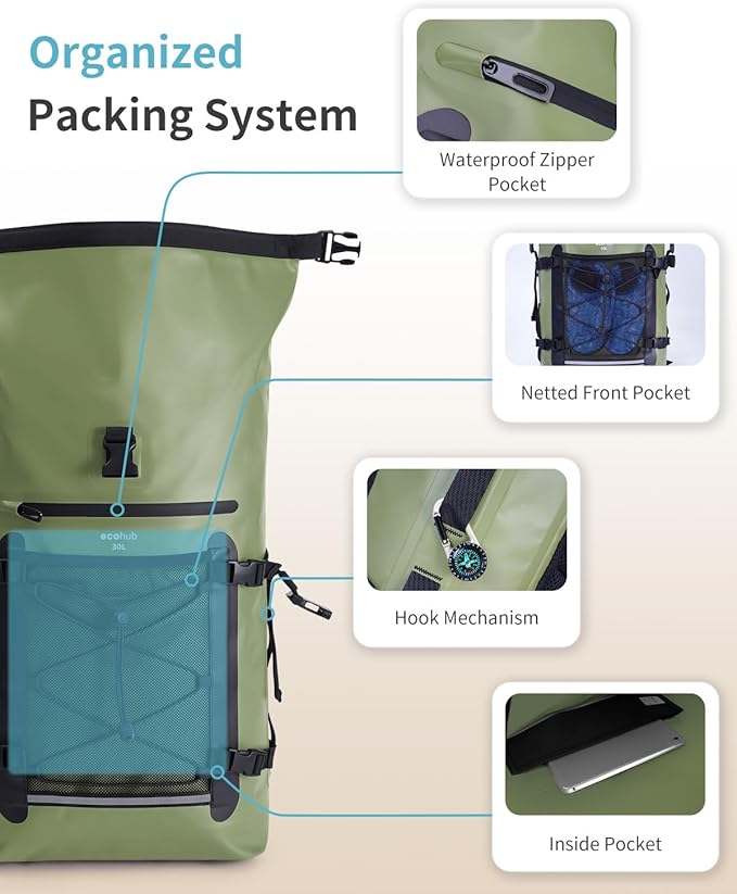 ECOHUB Waterproof Backpack for Women Men, 30L Roll-Top Closure Heavy Duty Dry Bag for Travel with IPX8 Waterproof Phone Case