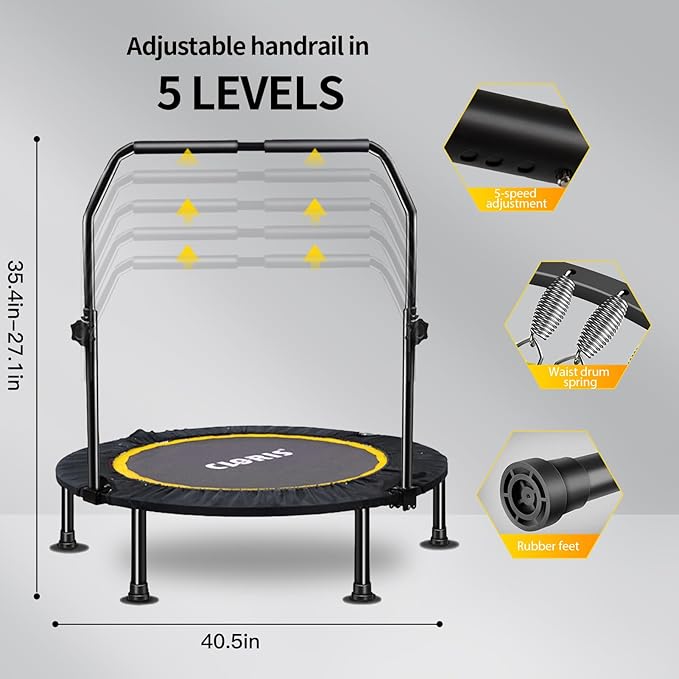 CLORIS 40in Folding Trampoline Mini Trampoline Rebounder Trampoline for Adults Fitness Trampoline with Adjustable Foam Handle, with safty Padded Cover Best Gift for Kids/Adult