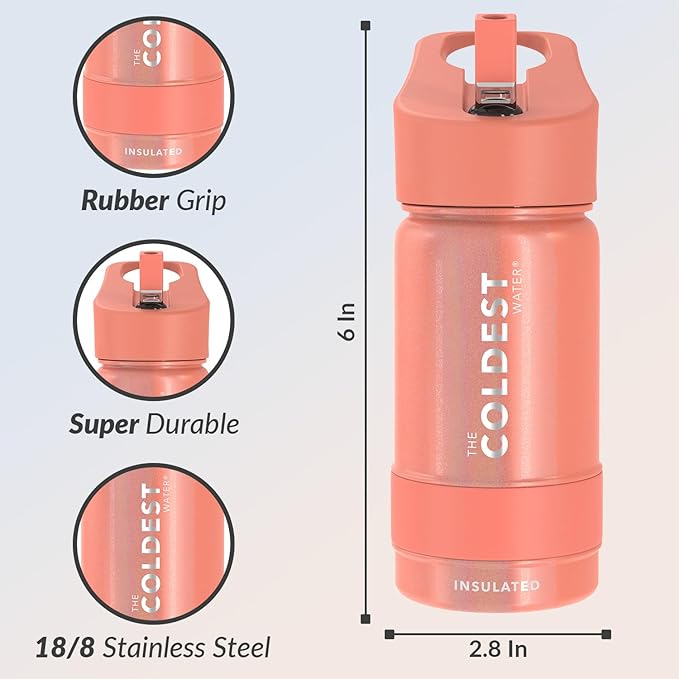 Coldest Insulated Water Bottle with Straw Lid - Stainless Steel Metal Insulated Bottle for Men & Women (Pink Froze Glitter, 14 oz)