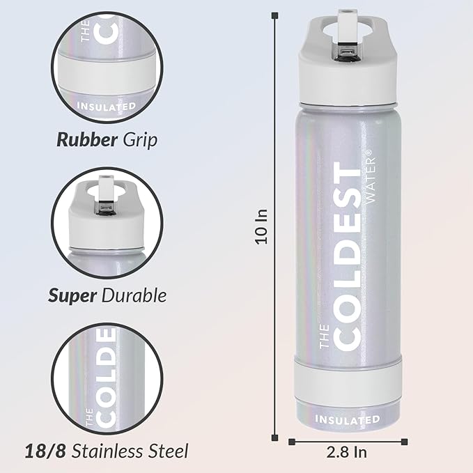 Coldest Insulated Water Bottle with Straw Lid - Stainless Steel Metal Insulated Bottle for Men & Women (Supernova Silver Glitter, 24 oz)