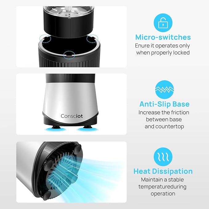 Consciot CB08 16-Piece Blender & Grinder Combo for Kitchen and Personal Size, Blend Shakes and Smoothies, Frozen Drinks, Baby Food, Spreads & More, 4 BPA-Free Portable To-Go Cups, 900 Peak Watts