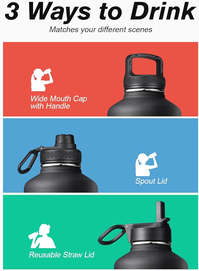 Half Gallon Insulated Water Bottle with Straw & 3 Lids, Coolflask 64 oz Water Jug Large Metal Stainless Steel Wide Mouth for Sports, Gym or Office, Non-BPA Keep Cold 48H Hot 24H, Piano Night
