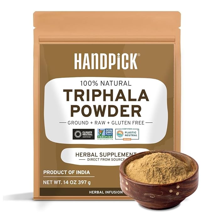 HANDPICK Triphala Powder (397g/14oz) Non GMO, Gluten Free, 100% Raw, Sourced from India, Herbal Formula of Amla, Haritaki, Bibhitaki, Packed in Resealable Zip Lock Pouch