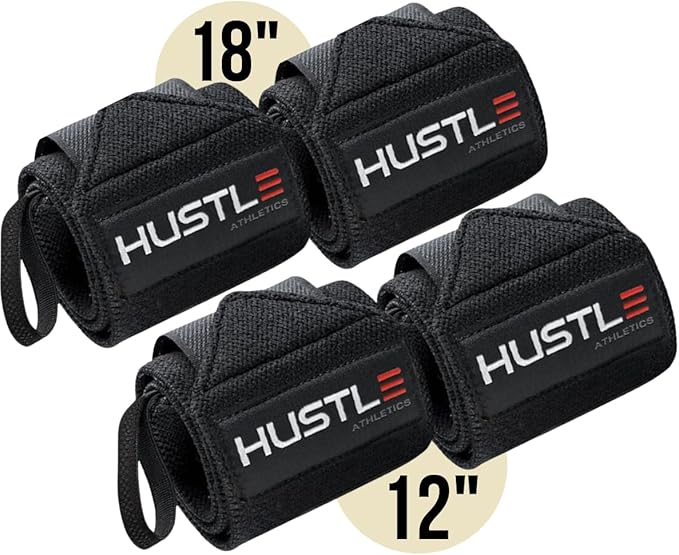 Hustle Athletics Wrist Wraps for Weightlifting – Max Wrist Support for Safe & Heavy Lifts, USPA Approved 18" & 12" Lengths, Thumb Loop Gym Straps for Powerlifting & Weight Lifting for Men and Women
