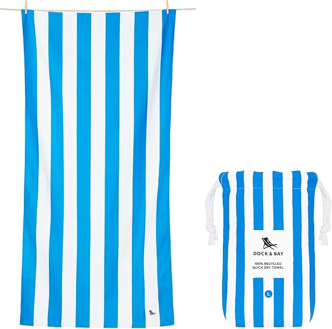 Dock & Bay Beach Towel - Quick Dry, Sand Free - Compact, Lightweight - 100% Recycled - Includes Bag - Cabana - Bondi Blue - Extra Large (200x90cm, 78x35)
