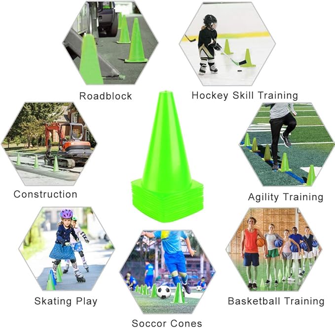 9 Inch Plastic Training Traffic Cones, Sport Cones, Agility Field Marker Cones for Soccer Basketball Football Drills Training, Outdoor Activity or Events - (Set of 10, 12, 15 or 24, 4 Colors)