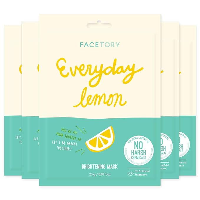 FACETORY K Beauty Face Mask Skin Care - Everyday LEMON Brightening Sheet Mask | Plant-Based with Lemon Extract (5 Pack)