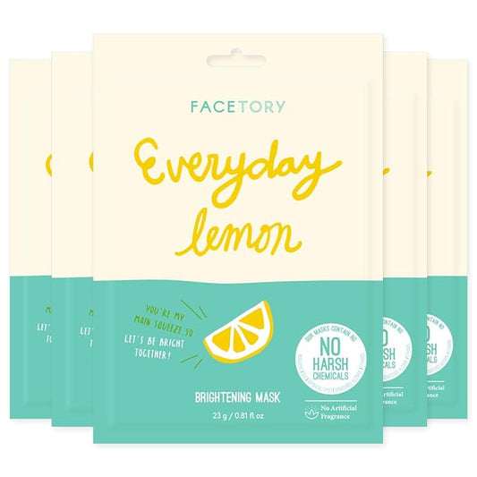 FACETORY K Beauty Face Mask Skin Care - Everyday LEMON Brightening Sheet Mask | Plant-Based with Lemon Extract (5 Pack)