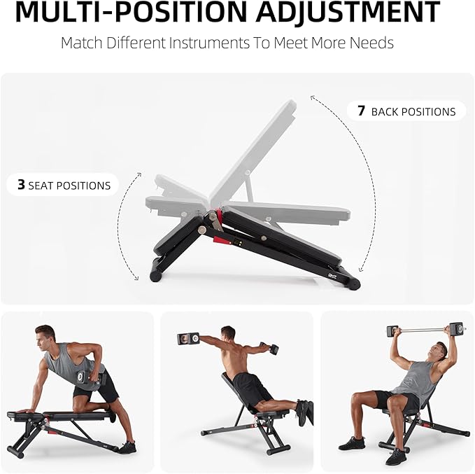 DHT Adjustable Weight Bench for Full Body Workout, Heavy Duty Foldable Bench Press for Home Gym Strength Training, Incline Decline Flat Utility Workout Bench with Fast Adjustment