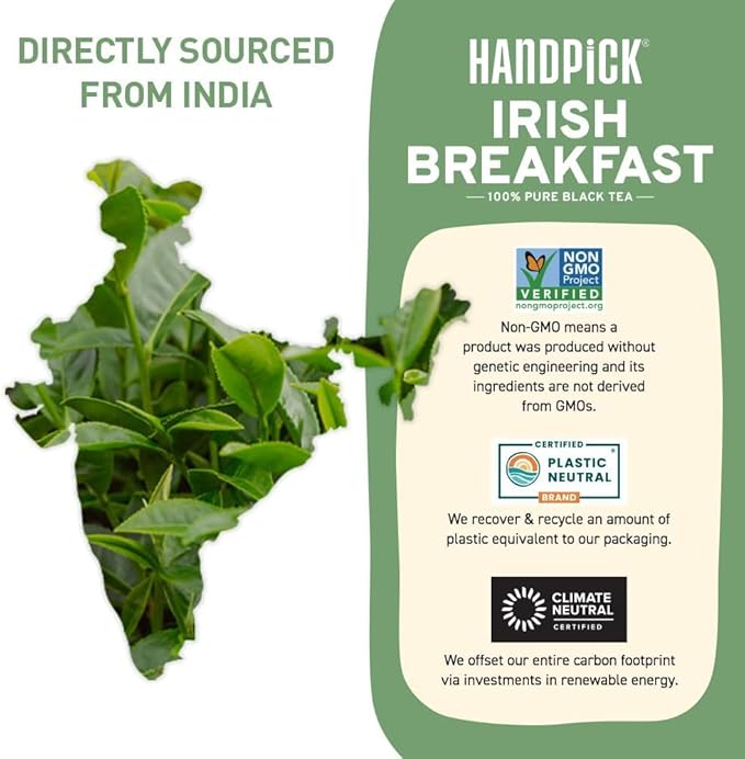 HANDPICK, Irish Breakfast Black Tea Bags (100 Count) Gluten-Free, Non-GMO | Strong, Robust & Bold Flavor | Round Eco-Conscious Tea Bags