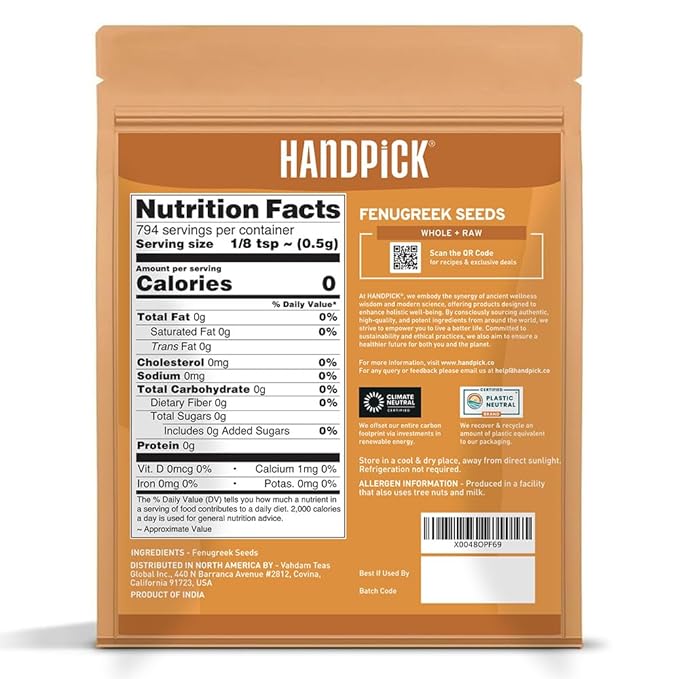HANDPICK Fenugreek Seeds (14oz) ALL NATURAL Fenugreek - Indian Origin Whole Methi Seeds (Trigonella Foenum Graecum) Fenogreco En Semillas | Resealable Ziplock Pouch