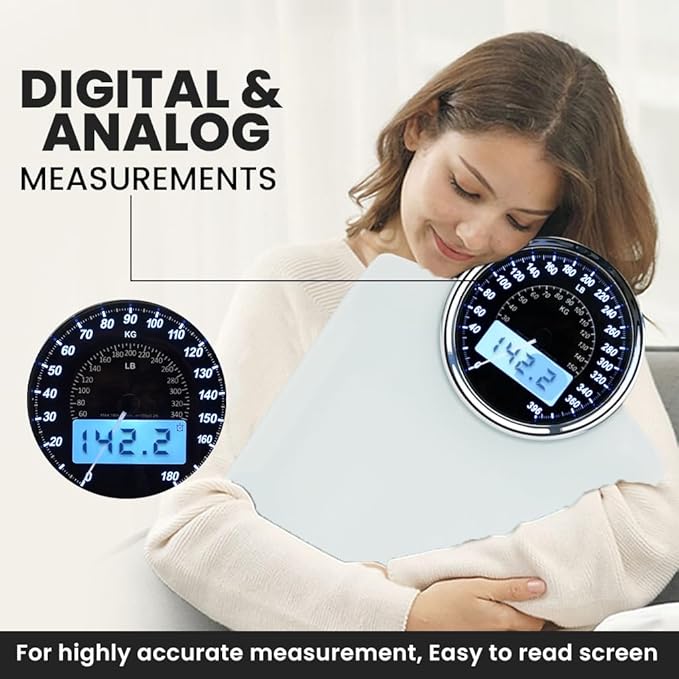 EILISON Highly Advance 2-in-1 Digital & Analog Weighing Scale for Body Weight-400lbs, 4 High Precison GX Sensor Accurate, Thick Tempered Glass, Extra Large Display (White)