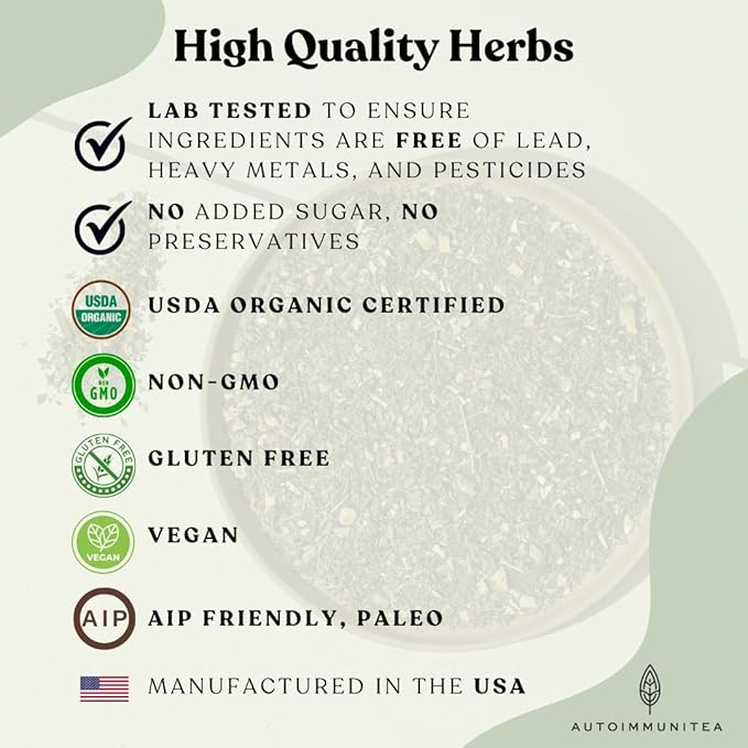 AutoimmuniTea – Soothing Tea Bags for Allergy Relief and Sinus Relief, Organic, Caffeine Free and USDA Certified, Blend of Lemon Balm, Ginger, Nettle, and Licorice, AIP Friendly