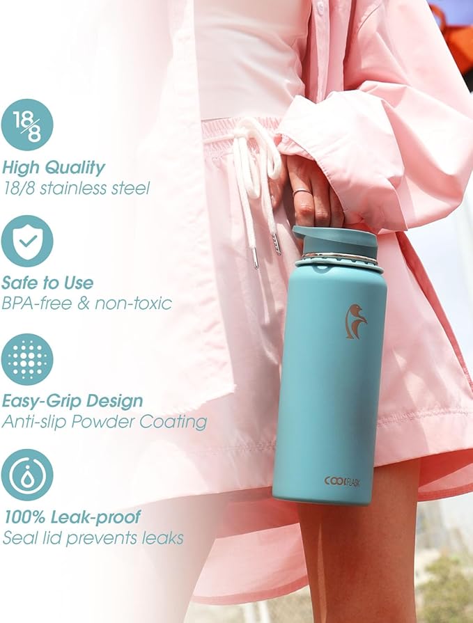 Coolflask Water Bottle 40 oz with Strap, Insulated Metal Water Flask with Straw & Spout Lids, Stainless Steel Double Wall Vacuum, Keep Cold 48h Hot 24h, Leak Proof & Non-BPA, Agate Green