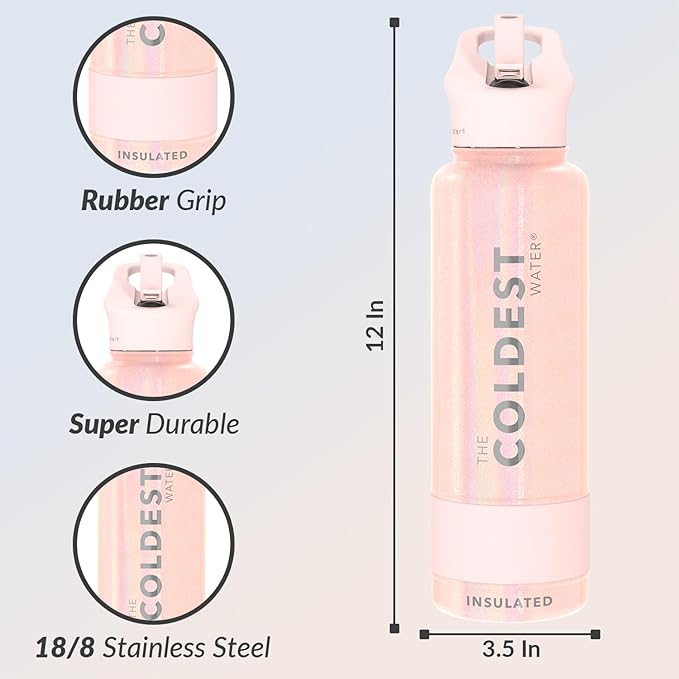 Coldest Insulated Water Bottle with Straw Lid - Stainless Steel Metal Insulated Bottle for Men & Women (Forever Pink Glitter, 40 oz)