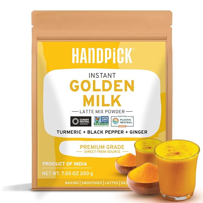 HANDPICK Golden Milk Powder with Turmeric - (7oz, 80 servings) Instant Latte Mix | Blend of Ginger, Black Pepper and Curcumin