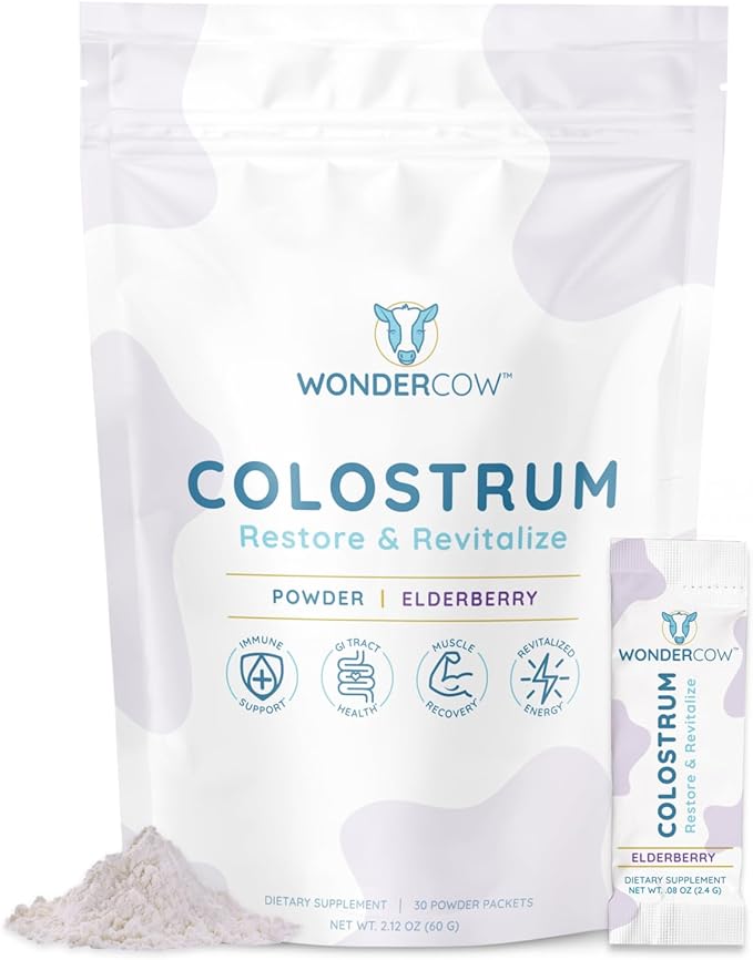 Colostrum Supplement Powder for Gut Health, Immune Support, Muscle Recovery & Wellness | Natural IgG Pure Whole Bovine Colostrum Superfood, Elderberry, 30 Servings