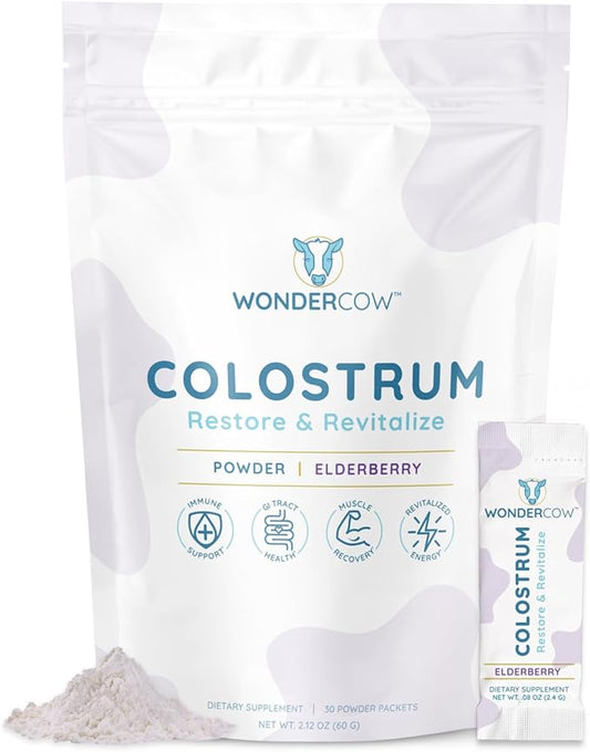 Colostrum Supplement Powder for Gut Health, Immune Support, Muscle Recovery & Wellness | Natural IgG Pure Whole Bovine Colostrum Superfood, Elderberry, 30 Servings