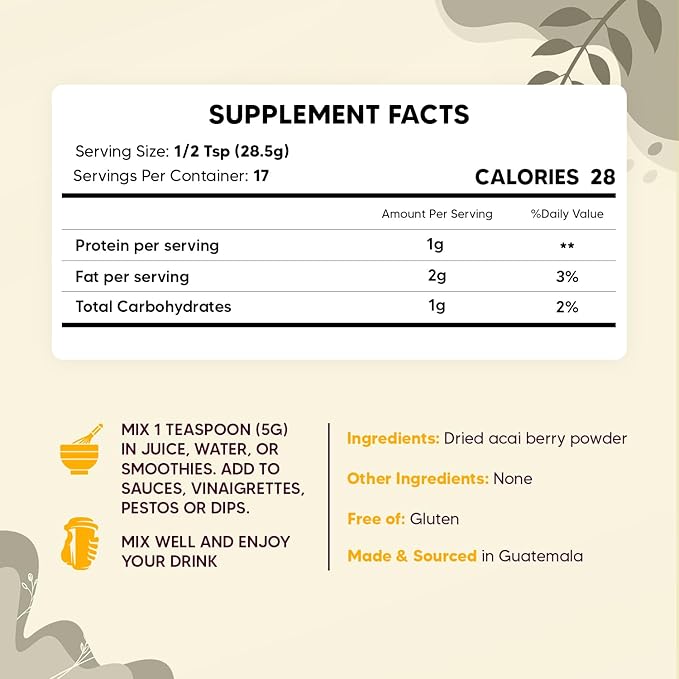 Acai Berry Powder, Freeze Dried Acai Powder - Organic Acai Powder for Smoothie Bowls, High in Nutrient-Dense Antioxidants, Made from Brazilian Acai Trees - Vegan, Gluten Free