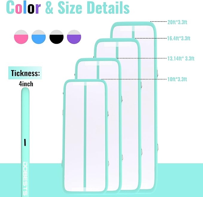 DOBESTS Inflatable Air Gymnastics Mat Tumbling Mat Tumble Track Gymnastics Training for Kids Home 6.6 feet 10 feet 13feet 16feet 20feet 4/8inch Thick for Cheerleading Dance Yoga Cheer Water With Pump