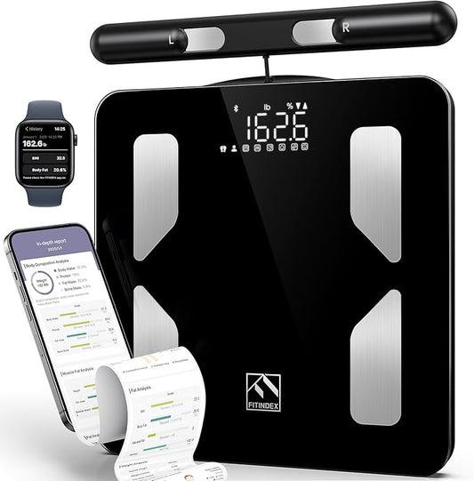 FITINDEX Body Composition Scale for Body Weight, Smart 8-Electrodes with BMI, Body Fat, Muscle Mass, 50 Composition Measurements, Bluetooth