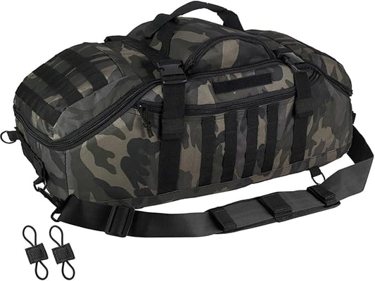 65L Large Duffle Bag, 3-in-1 Tactical Backpack MOLLE Pack for Sports, Gym, Outdoor, Black Camo