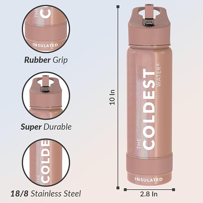 Coldest Insulated Water Bottle with Straw Lid - Stainless Steel Metal Insulated Bottle for Men & Women (Golden Rose Glitter, 24 oz)