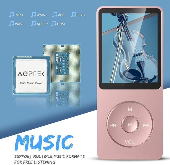 AGPTEK A02S 16GB MP3 Player, 70 Hours Playback Lossless Sound Music Player, Supports up to 128GB, Rose Gold