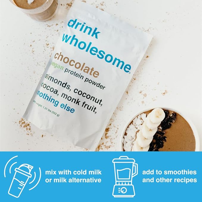 drink wholesome Vegan Chocolate Almond Protein Powder | for Sensitive Stomachs | Additive & Dairy Free | No Artificial Sweeteners | No Bloating, Farts or Gas | No Constipation or Diarrhea