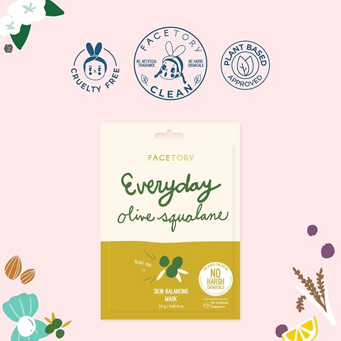 FACETORY K Beauty Face Mask Skin Care - Everyday OLIVE Skin Balancing Sheet Mask | Plant-Based with Squalane Oil (10 Pack)