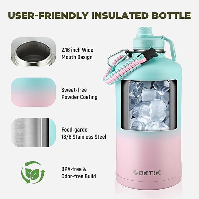 COKTIK 128 oz Insulated Water Bottle, Triple Wall Stainless Steel Flask, Keeps Drinks Cold for 48 Hrs Leak-Proof & BPA-Free Half Gallon Jug with Paracord Handle, Straw & Spout Lids(Bubble Gum)