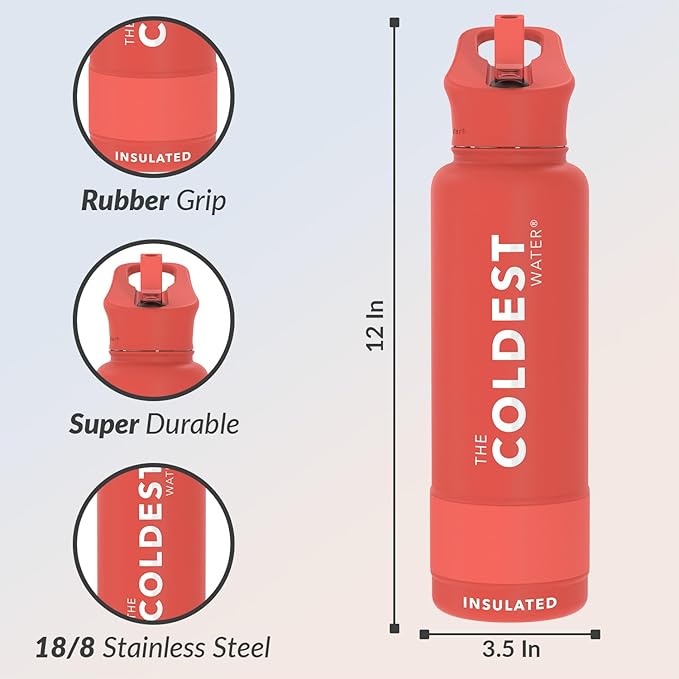 Coldest Insulated Water Bottle with Straw Lid - Stainless Steel Metal Insulated Bottle for Men & Women (Crimson Red, 40 oz)