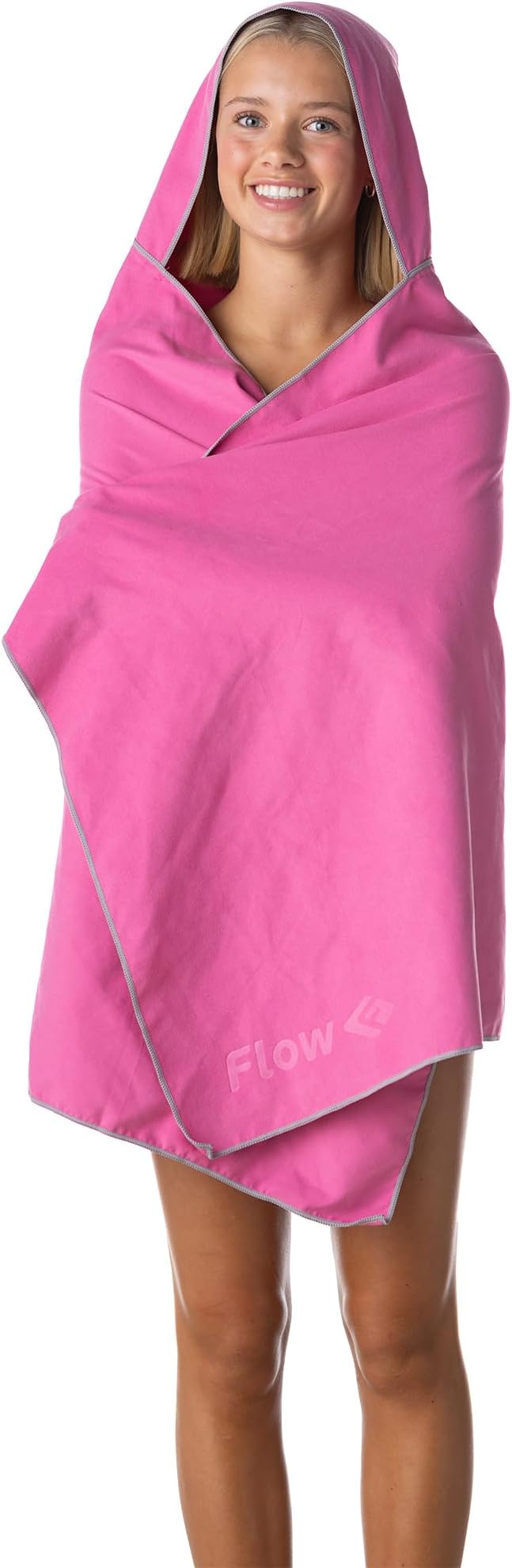 Flow Hydro Sport Towel - Microfiber Quick Dry Swimming Towels for Swim, Pool, Triathlon, and Other Water Sports in Medium, Large, Extra Large, and Hooded Sizes (Pink, Large w/Hood)